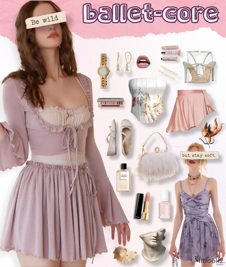 balletcore aesthetic clothes, makeup details, and accessories such as shoes, skirts, corsets, bags, perfumes, earrings, watches, and two girls wearing balletcore aesthetic outfits
