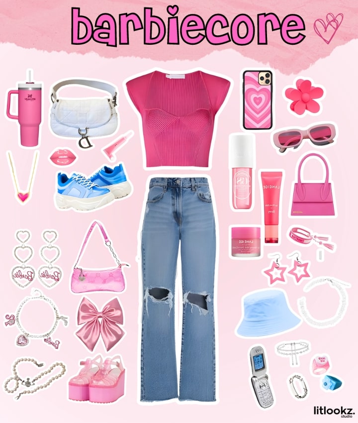 the image displays a "barbiecore" aesthetic in fashion, likely featuring a bold and playful style with elements such as bright pink colors, glamorous accessories, and perhaps items inspired by Barbie's iconic looks, all contributing to a fun, feminine, and fashion-forward vibe