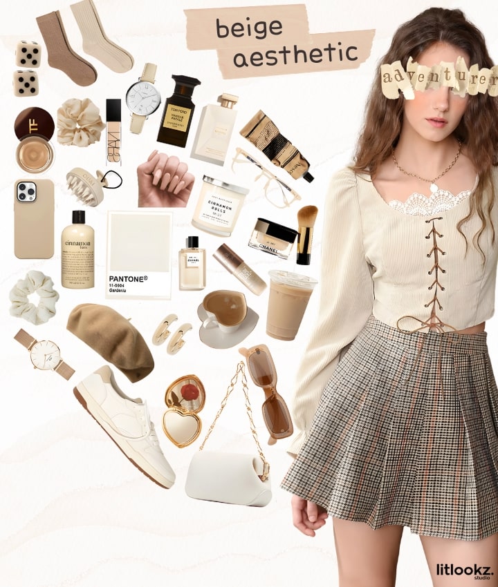 the image is a fashion collage showcasing a "beige aesthetic," likely featuring a collection of stylish and minimalist clothing and accessories in various shades of beige, creating a cohesive, elegant, and understated look that emphasizes simplicity and sophistication