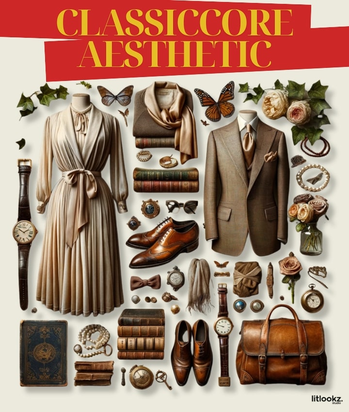 the image is a collage representing the "classiccore" aesthetic, likely featuring a curated selection of timeless, elegant fashion items and accessories, with a focus on refined and traditional styles in a harmonious and understated color palette