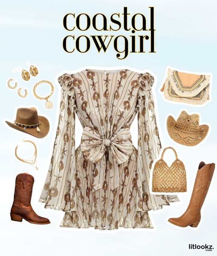 the image is a moodboard for a "coastal cowgirl" aesthetic, likely combining elements of beach-inspired and western styles, featuring items such as denim, cowboy boots, and light, breezy fabrics, all in a palette that merges oceanic blues with rustic, earthy tones