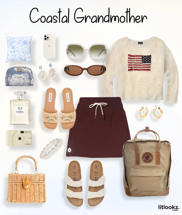 the image is a collection showcasing the "coastal grandmother" style, likely featuring a relaxed and elegant fashion aesthetic with elements like soft linens, light knitwear, and nautical-inspired accessories, all in a serene, coastal-inspired color palette