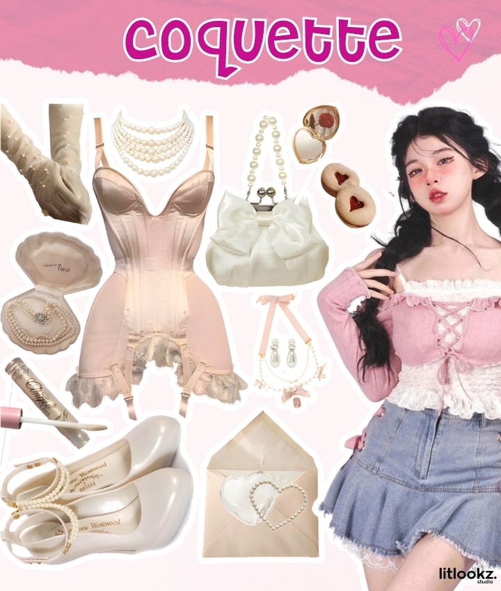 Coquette style collage featuring a woman in pink attire, with themed accessories such as pearl jewelry, a corset, gloves, and high heels.