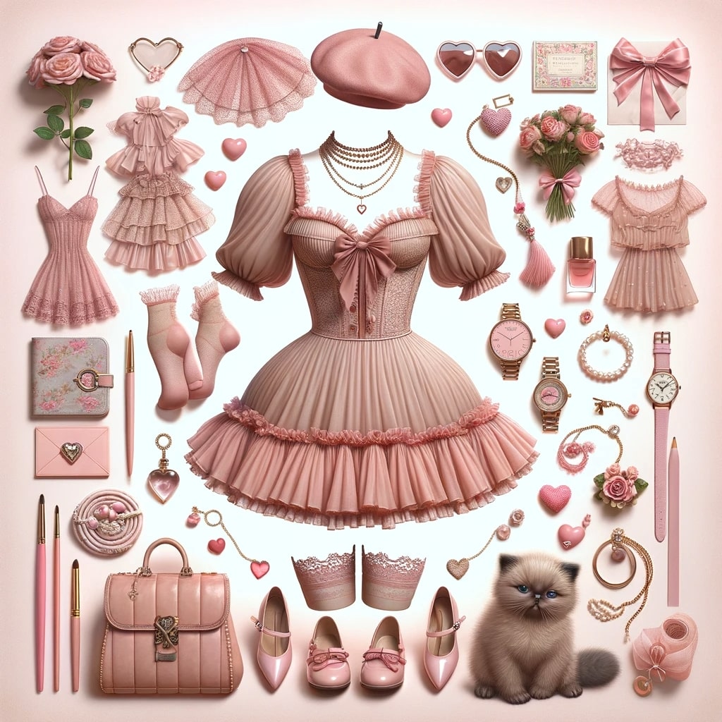 Coquette aesthetic inspired fashion and accessory collection in shades of pink, featuring dresses, shoes, jewelry, and cosmetics, with a charming Persian cat adding to the whimsical vibe.