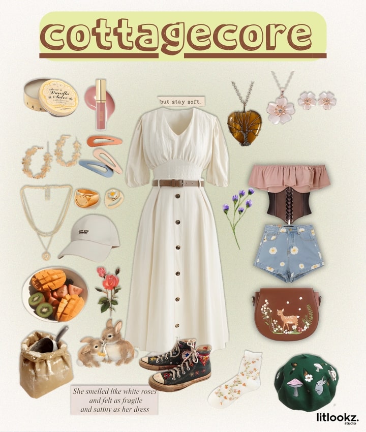 the image displays a "cottagecore" aesthetic collage, showcasing a romantic and nature-inspired fashion style with elements like floral prints, light fabrics, and pastoral accessories, all set in a soft, earthy color palette that evokes a sense of rustic charm and simplicity