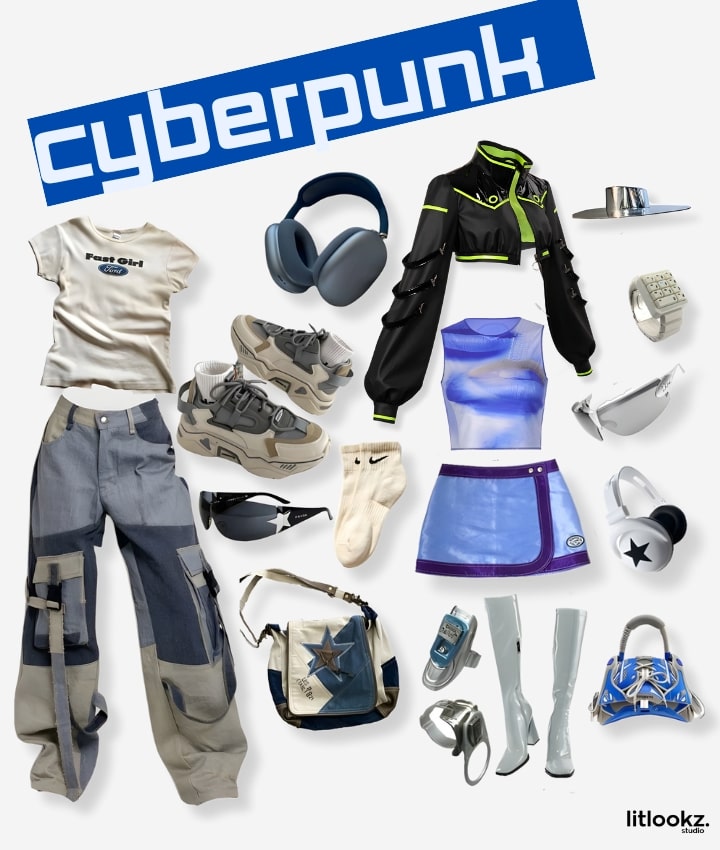 Das Bild zeigt eine Kollektion, die die „Cyberpunk“-Ästhetik repräsentiert und wahrscheinlich einen futuristischen und ausgefallenen Stil mit Elementen wie Neonakzenten, Hightech-Accessoires und dunkler, urbaner Kleidung aufweist, die alle zu einem dystopischen, von Science-Fiction inspirierten Look beitragen