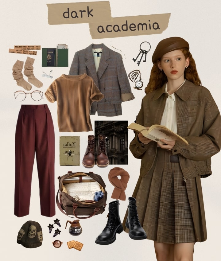 Das Bild ist eine Collage, die die Ästhetik der „dunklen Wissenschaft“ darstellt und wahrscheinlich eine Sammlung von Modeartikeln und Accessoires zeigt, die einen stimmungsvollen, intellektuellen Stil mit Elementen wie Tweedblazern, Rollkragenpullovern und Vintage-Büchern verkörpern, alles in einer dunklen, satten Farbpalette