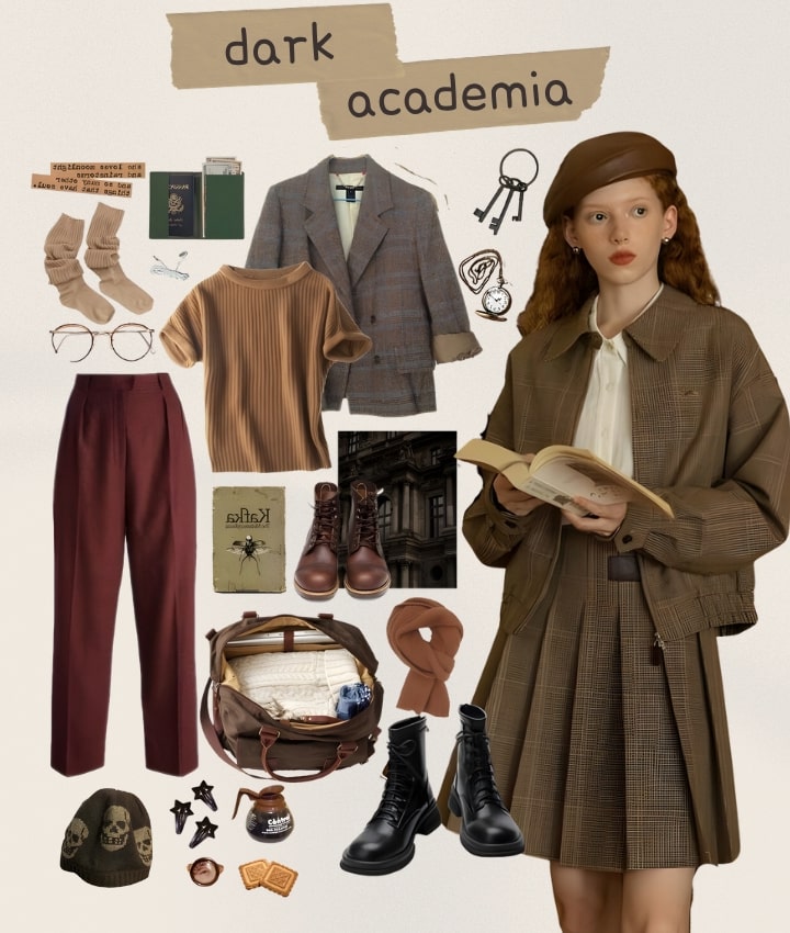 the image is a collage representing the "dark academia" aesthetic, likely featuring a collection of fashion items and accessories that embody a moody, intellectual style with elements like tweed blazers, turtlenecks, and vintage books, all in a dark, rich color palette