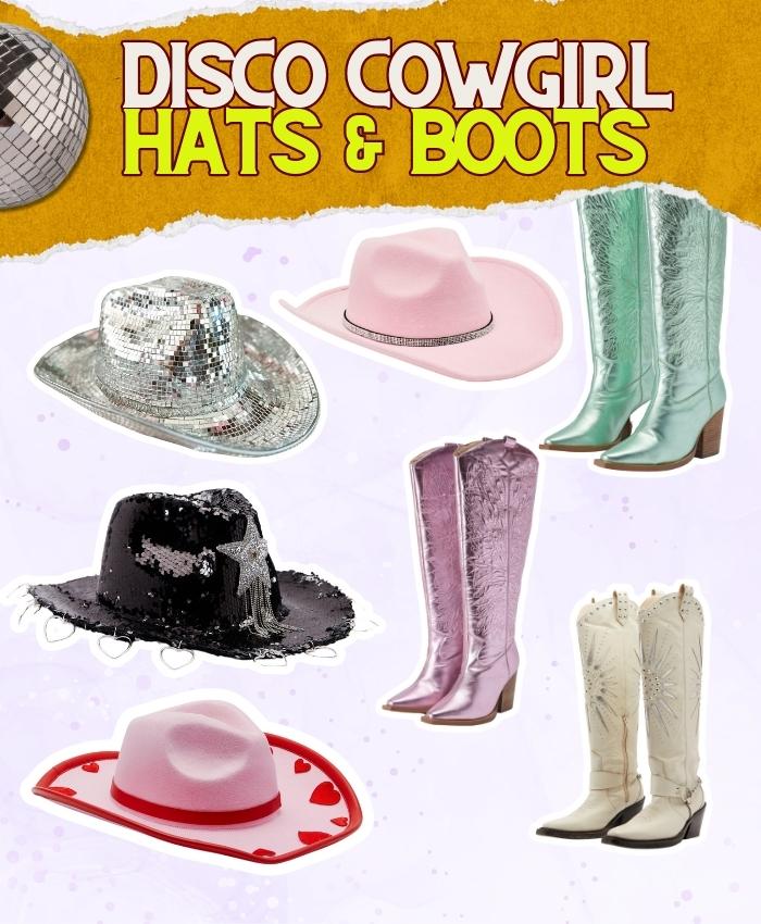 Disco cowgirl aesthetic hats and boots