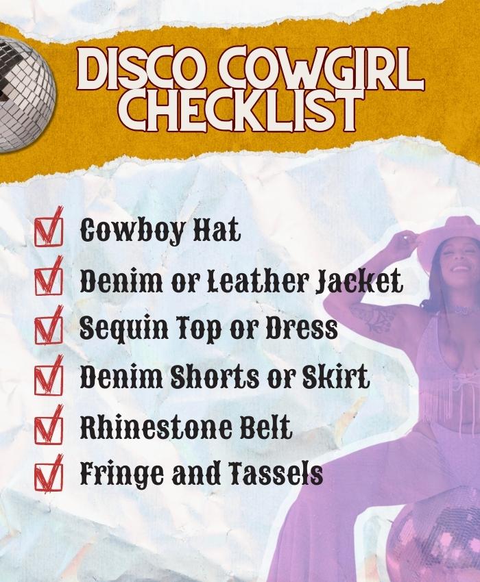 Disco cowgirl aesthetic features items checklist