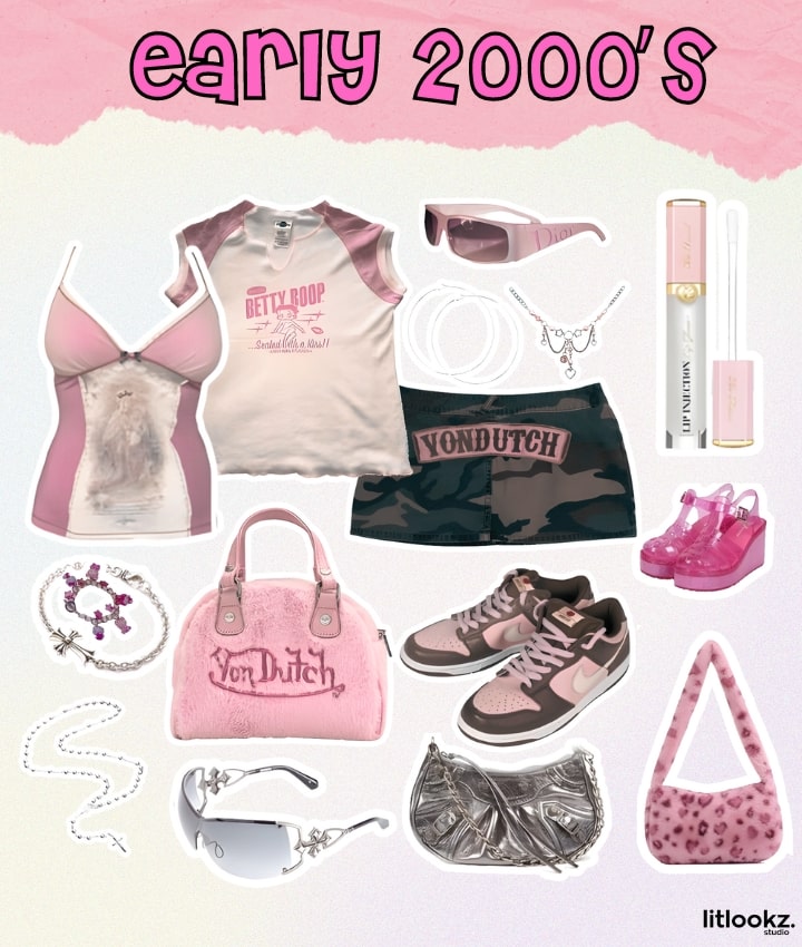 the image is a collage of early 2000s aesthetic trends, featuring bold colors, graphic prints, low-rise jeans, and chunky accessories, reflecting the unique style of that era