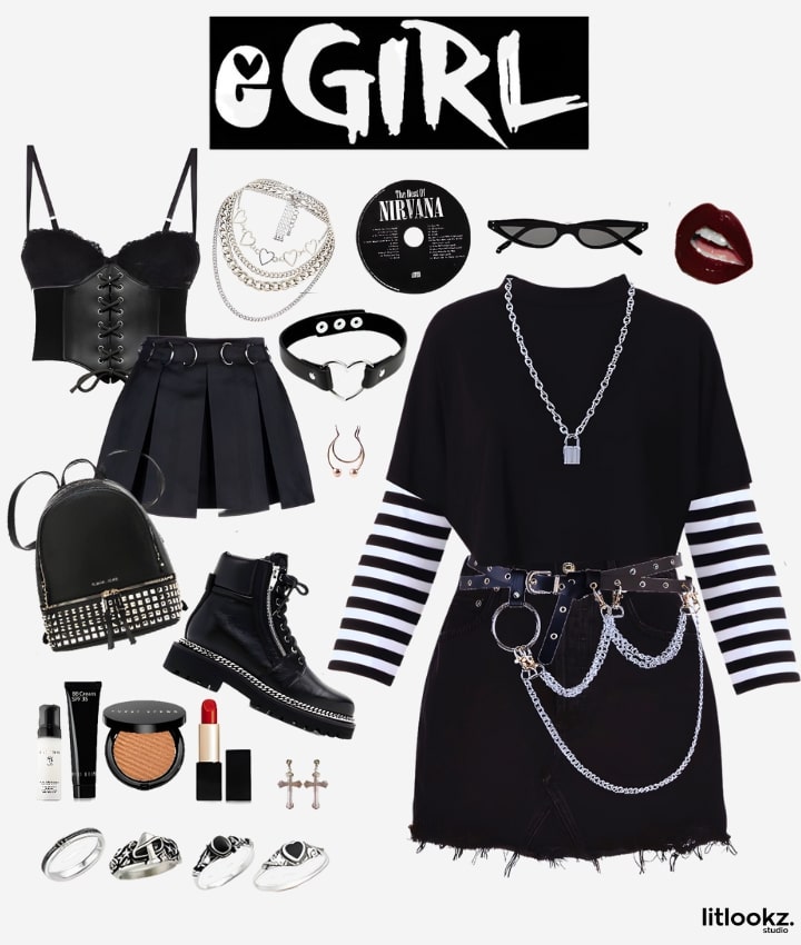 Das Bild zeigt wahrscheinlich E-Girl-Ästhetik-Outfits, darunter Artikel wie übergroße Hoodies, klobige Stiefel, Netzstrumpfhosen und Halsketten, die alternative und verspielte Modeelemente kombinieren