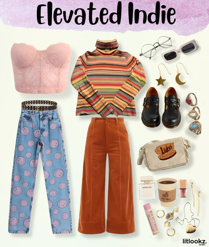 Das Bild ist ein Moodboard für eine „gehobene Indie“-Ästhetik und zeigt wahrscheinlich einen anspruchsvollen, aber unkonventionellen Modestil mit Elementen wie eklektischen Mustern, einzigartigen Accessoires und einer Mischung aus Vintage- und zeitgenössischen Stücken, die alle zusammen einen schicken und individuellen Look schaffen