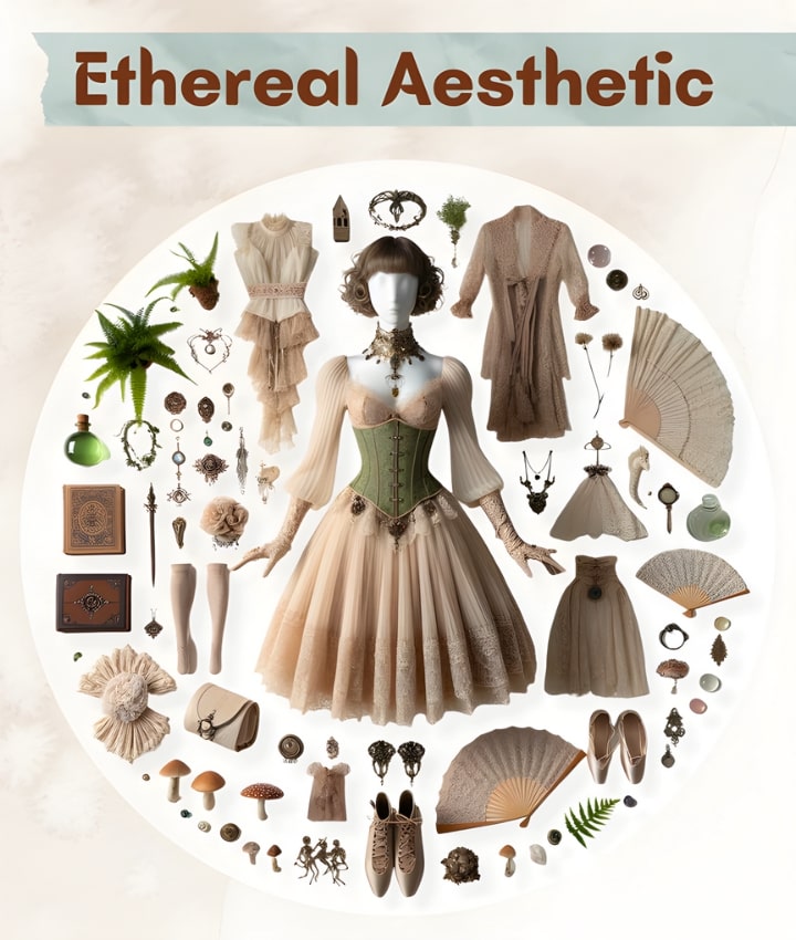 the image is a collage showcasing the "ethereal" aesthetic, likely featuring delicate, airy fashion items and accessories that convey a sense of otherworldly beauty and grace, with a focus on soft, translucent materials, gentle colors, and dreamlike, romantic elements