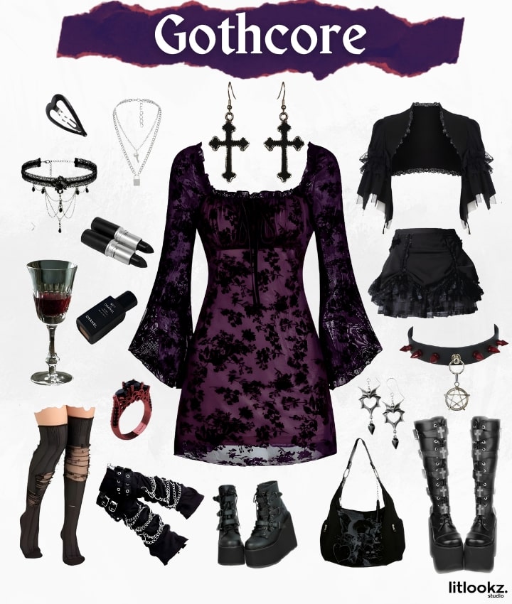 Das Bild zeigt ein „Gothcore“-Outfit, das wahrscheinlich durch einen dunklen, ausgefallenen Modestil mit Elementen wie schwarzer Kleidung, Lederaccessoires und möglicherweise Spitzen- oder Metalldetails gekennzeichnet ist, die alle zu einer kühnen und dramatischen Ästhetik beitragen