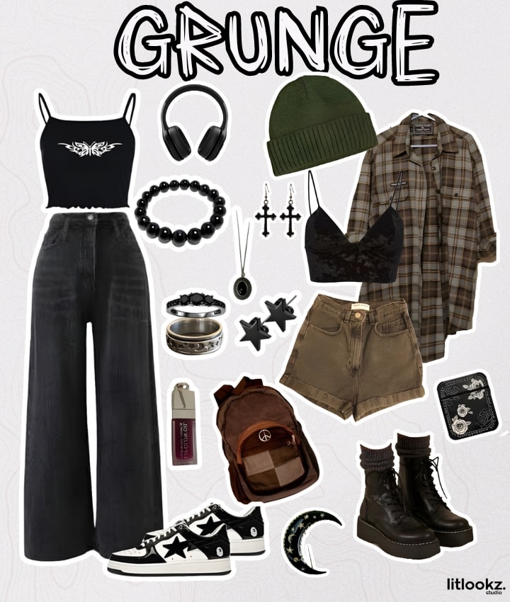The image likely showcases grunge-style outfits, characterized by edgy, layered looks with distressed elements, accessories such as headphones, boots, bracelets, flannel patterns, and a predominance of dark colors.