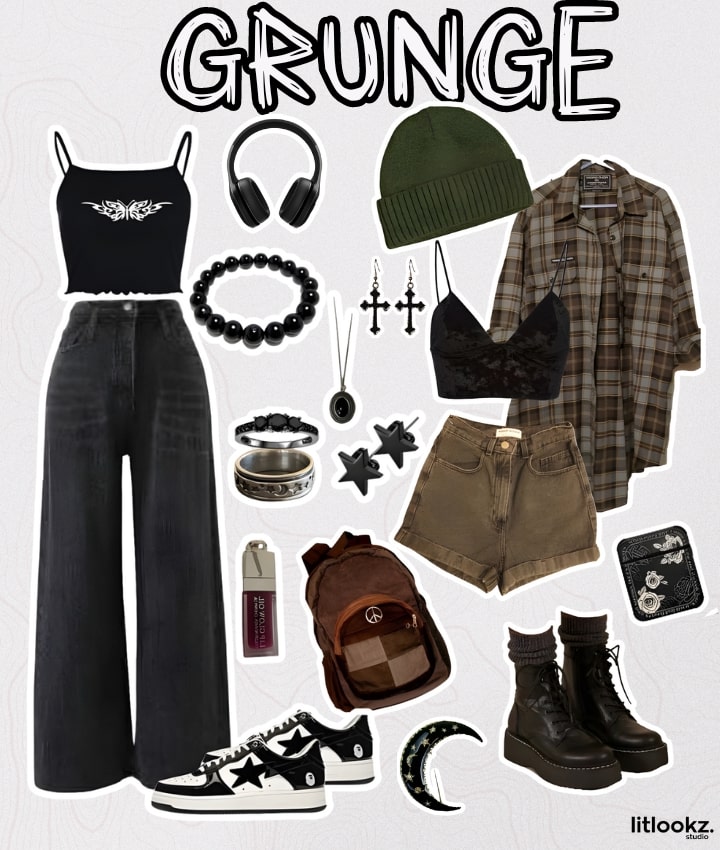 Das Bild zeigt wahrscheinlich Outfits im Grunge-Stil, die sich durch ausgefallene, mehrschichtige Looks mit Used-Elementen, Accessoires wie Kopfhörern, Stiefeln, Armbändern, Flanellmustern und einer Dominanz dunkler Farben auszeichnen.