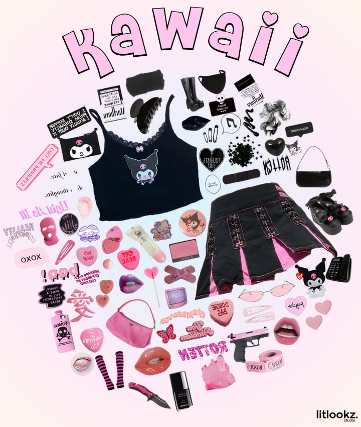 Das Bild ist eine Collage aus Kawaii-Ästhetik und zeigt wahrscheinlich unschuldige, farbenfrohe Gegenstände mit verspielten Designs, weichen Texturen und niedlichen Accessoires.