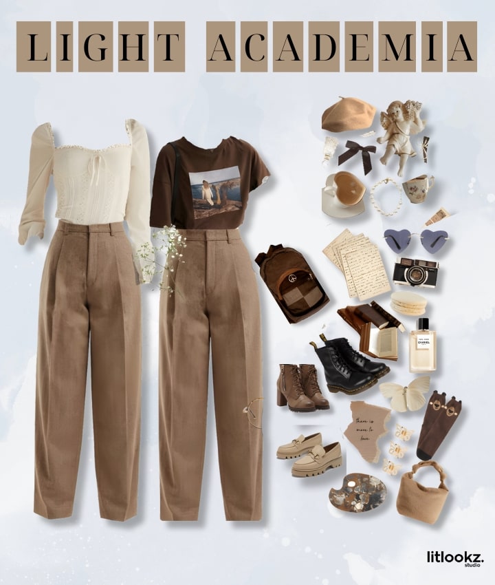 the image features a "light academia" aesthetic outfit, likely showcasing a scholarly and sophisticated style with items like tailored trousers, classic blouses, and layered knitwear, in a warm, neutral color palette that embodies an intellectual and artistic vibe