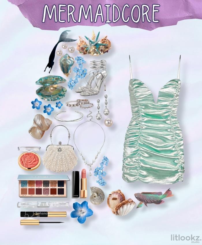 the image is a "mermaidcore" (or "siren") aesthetic starter pack, likely featuring a collection of ocean-inspired fashion items and accessories, with a magical and mythical theme, incorporating elements like shimmering fabrics, sea-themed jewelry, and colors reminiscent of the sea