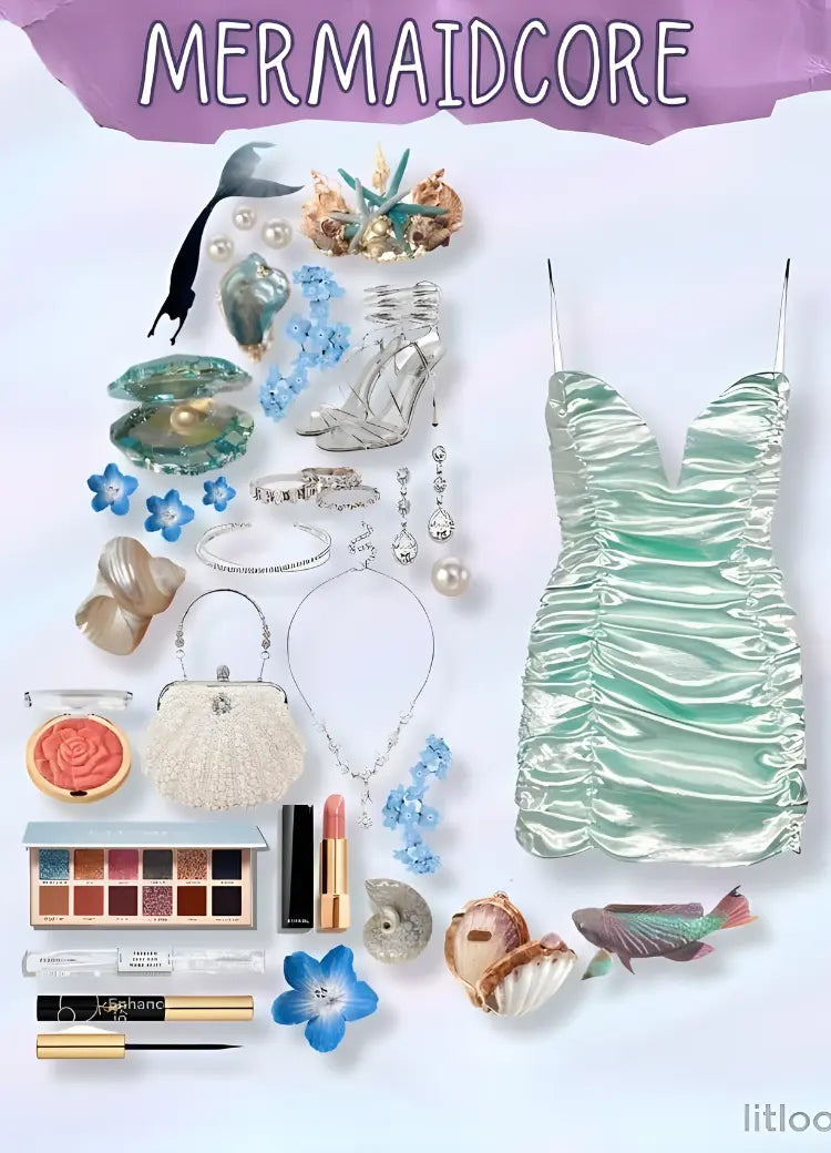 Mermaidcore aesthetic collage with seashell clutch, ruched seafoam dress, pearl jewelry, and iridescent oceanic accessories
