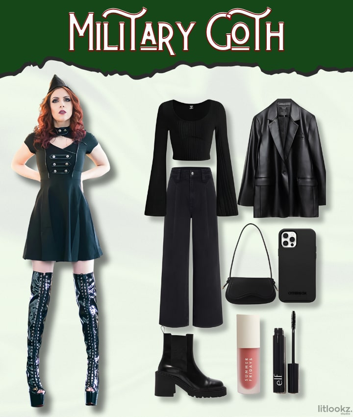 Military Goth outfit with a black dress, leather jacket, and combat boots.