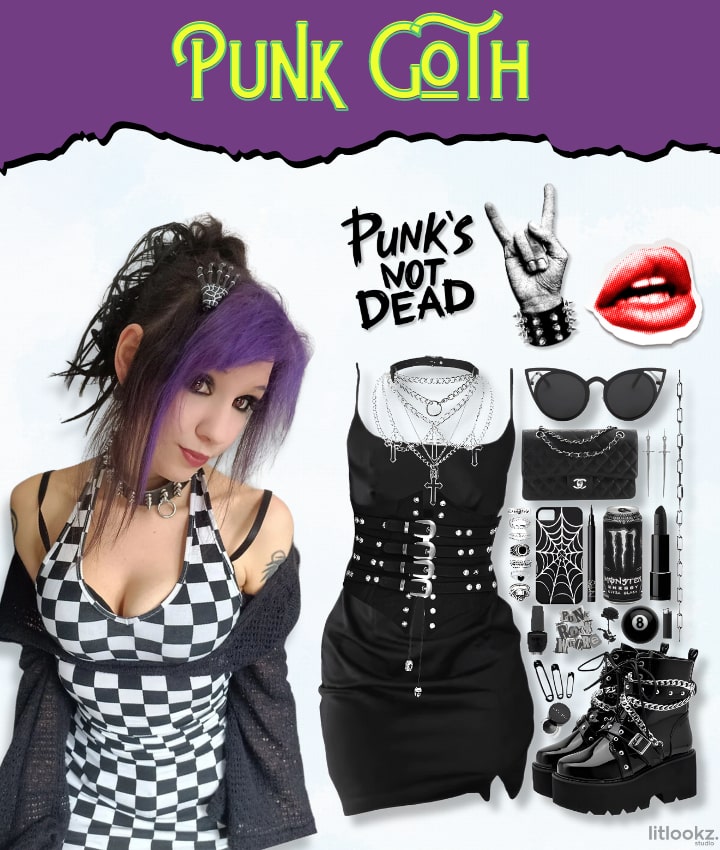 Punk Goth outfit with a black dress, fishnet stockings, and punk accessories.