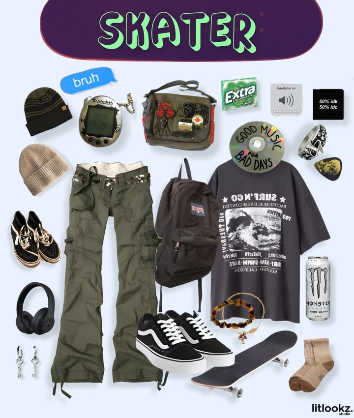 the image is a moodboard for a "skater" aesthetic, likely showcasing essentials of this style, which might include casual and functional clothing like graphic tees, baggy jeans, and sneakers, along with accessories like skateboards and caps, all reflecting a laid-back, urban vibe