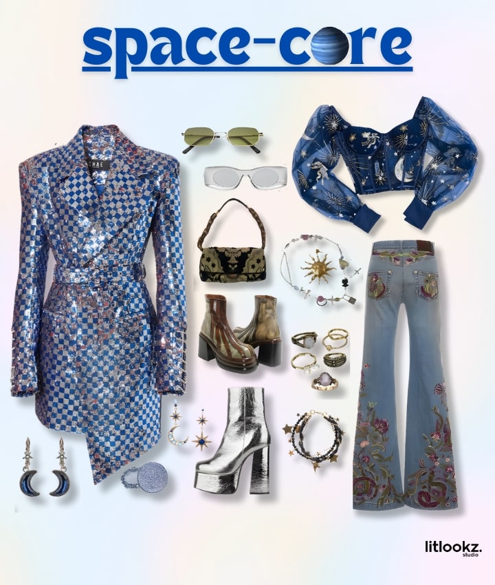 the image depicts a "spacecore" aesthetic collage, likely showcasing a cosmic-inspired style with elements such as starry prints, metallic or futuristic accessories, and a color palette that reflects the vastness of space, incorporating deep blues, purples, and sparkling accents