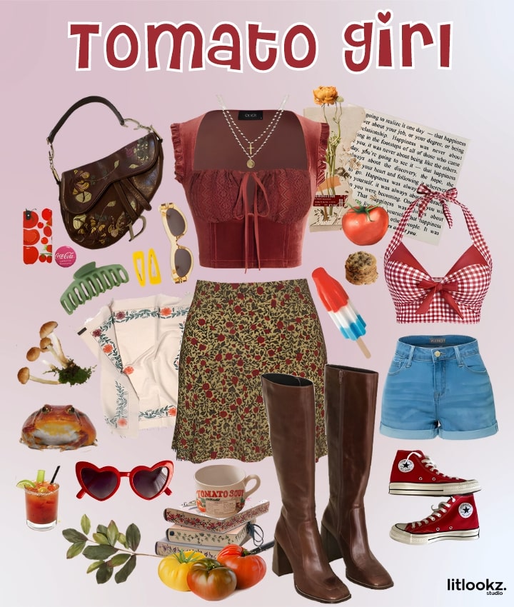 the image is a collage representing the "tomato girl" aesthetic, likely showcasing a vibrant and playful fashion style with elements such as red and green clothing, garden-inspired accessories, and perhaps motifs of tomatoes or other fresh produce, all reflecting a cheerful, nature-themed look