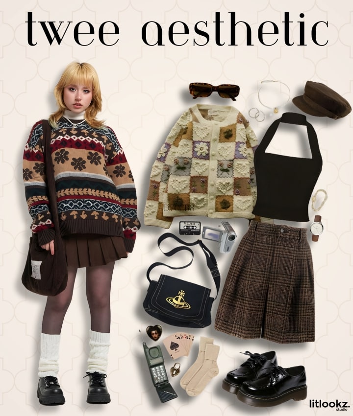 the image is a collage of twee aesthetic fashion, likely featuring vintage-inspired, quirky items with playful patterns, cardigans, and feminine accessories