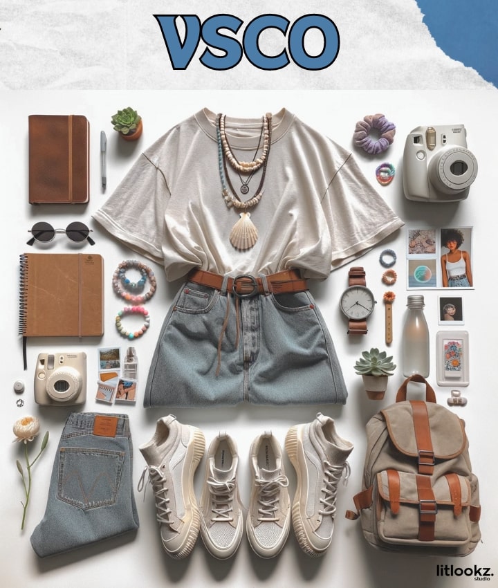 the image likely features VSCO aesthetic outfits, including items like comfortable sweatshirts, mom jeans, scrunchies, and Birkenstock sandals, showcasing a relaxed and effortlessly chic style