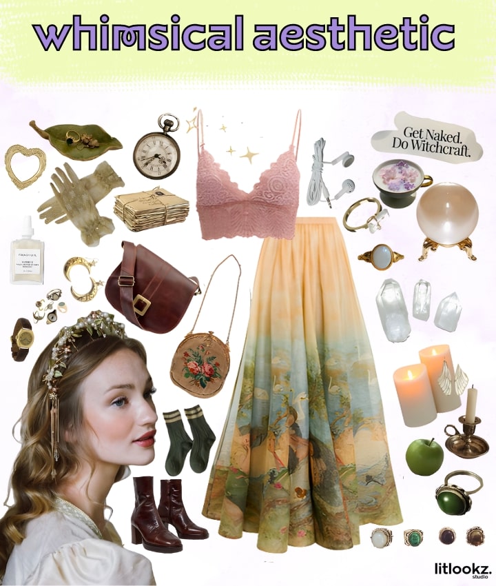 the image is a collage portraying a "whimsical" aesthetic in fashion, likely featuring a mix of playful, imaginative clothing and accessories, with elements such as bright colors, unique patterns, and fanciful details, all combining to create a fun, creative, and enchanting look