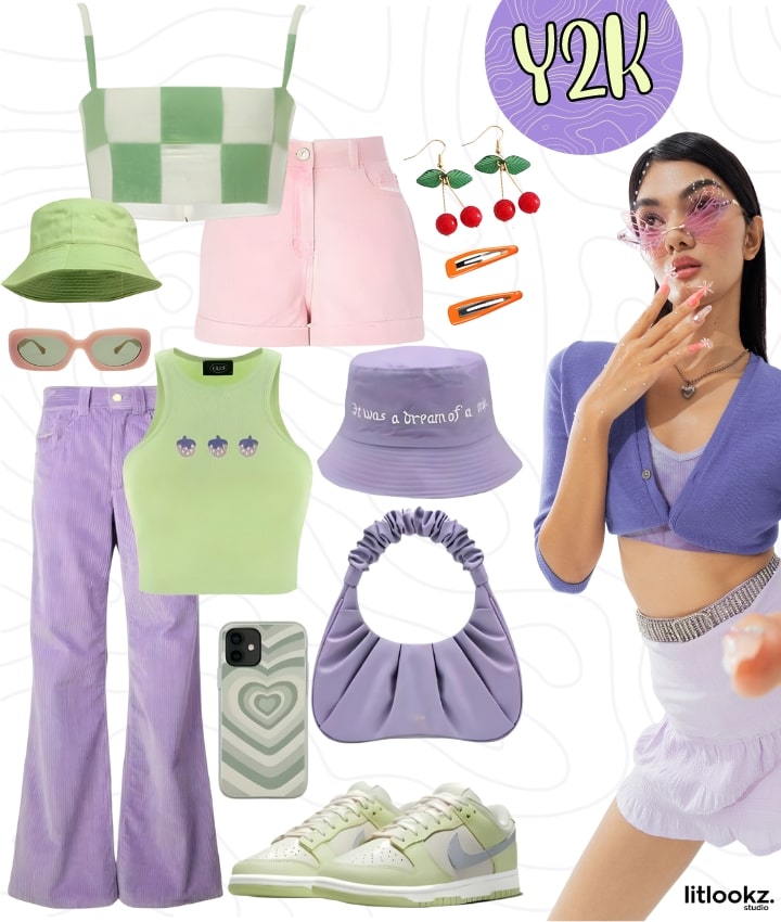 The image shows a Y2K aesthetic collage, with late '90s and early 2000s fashion like metallics, bright colors, and tech-inspired accessories.