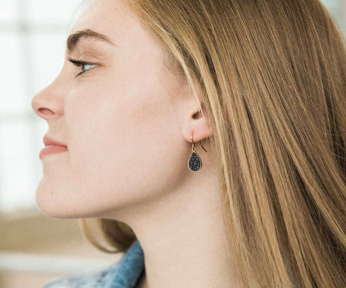 Black Druzy Teardrop Earrings