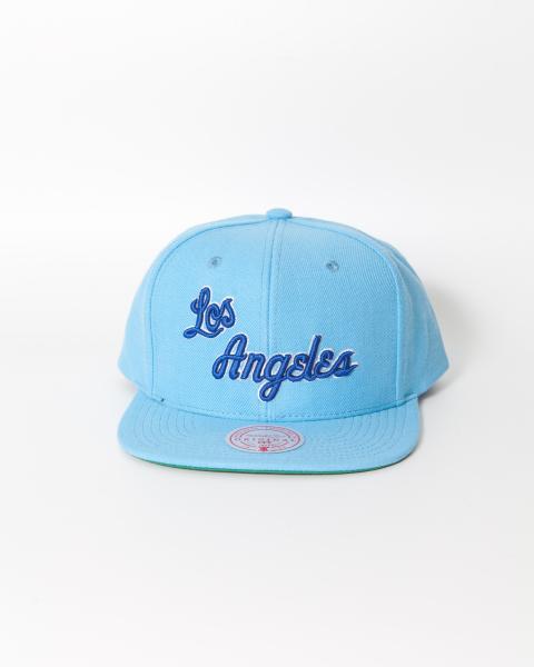 Mitchell & Ness Black/Powder Blue Los Angeles Lakers Team Script 2.0 Fitted Hat