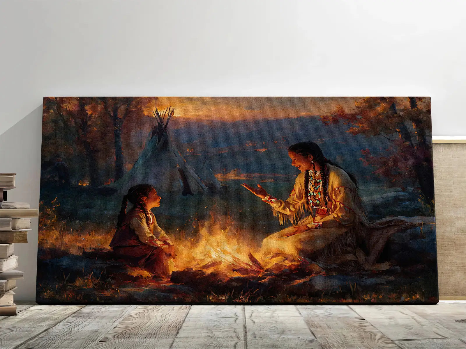 A framed canvas print titled "Campfire Storytelling Mother and Child Canvas" depicting a mother and child wrapped in a blanket, sitting by a roaring campfire under a moonlit night, with the mother reading a book to the child. A tent is visible in the background among pine trees.