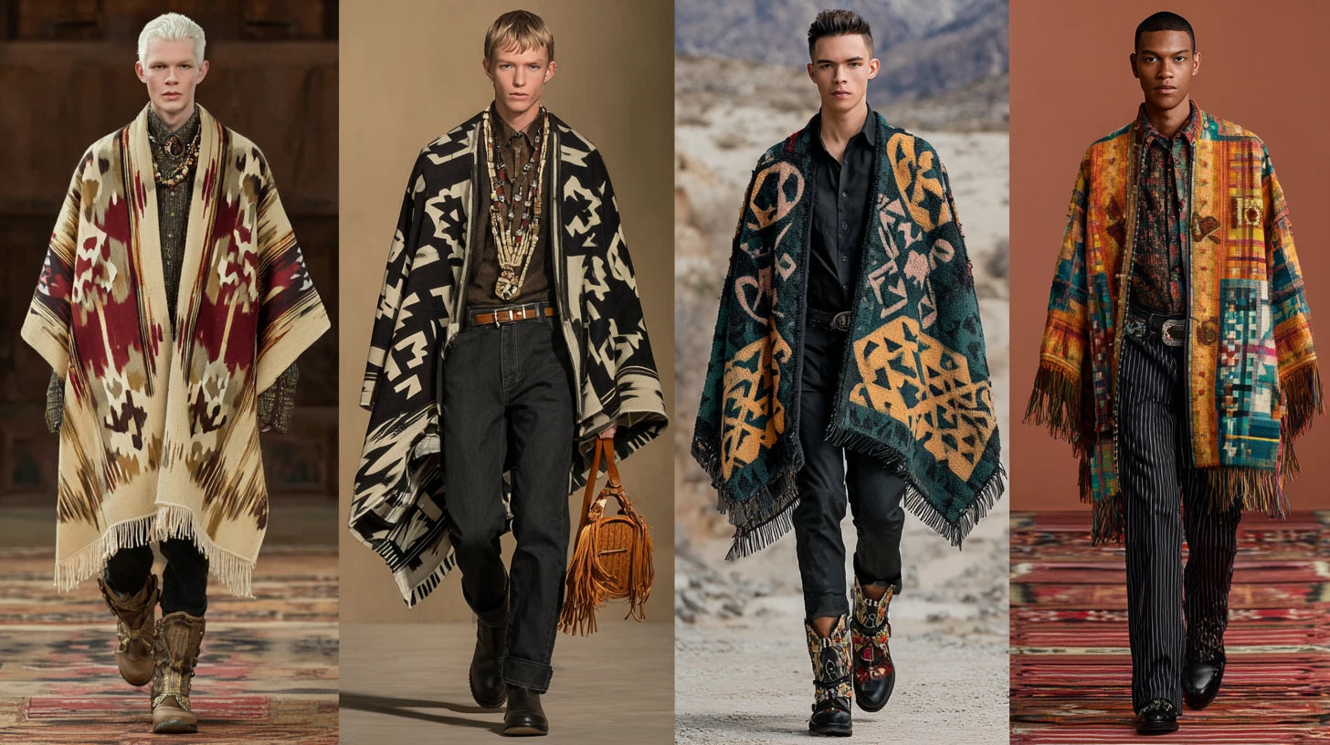 A carefully curated collection of contemporary Native American-inspired fashion pieces including jewelry, textiles, and accessories that demonstrate respectful modern interpretations of traditional designs