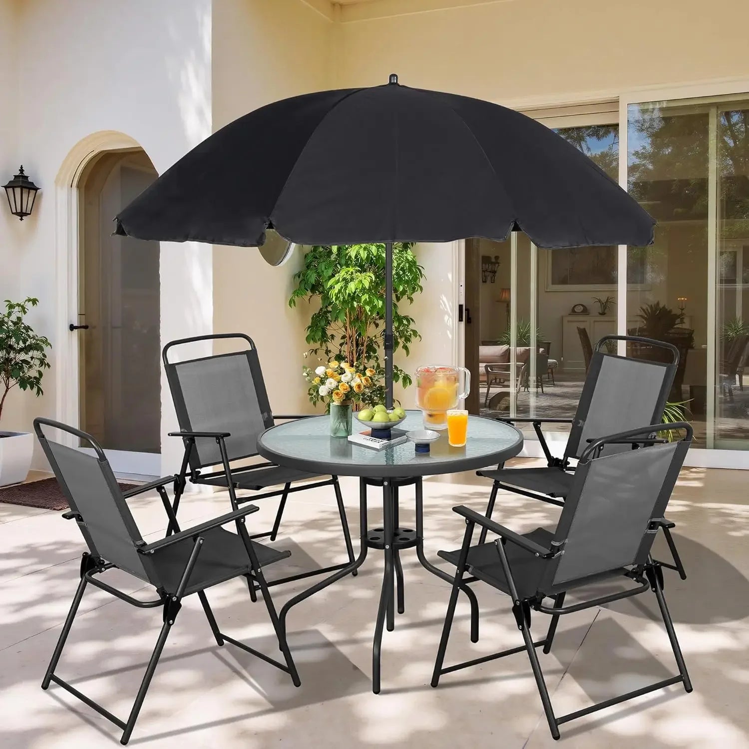 6-Piece Folding Patio Dining Set – Compact Outdoor Table, Chairs & Umbrella for Garden, Deck, or Backyard (Black)
