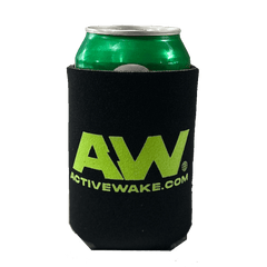 Boat Koozie that says ActiveWake in black and green