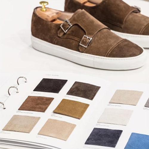Fabric swatches showing suede in various colors for personalized and custom crafted men's shoes.