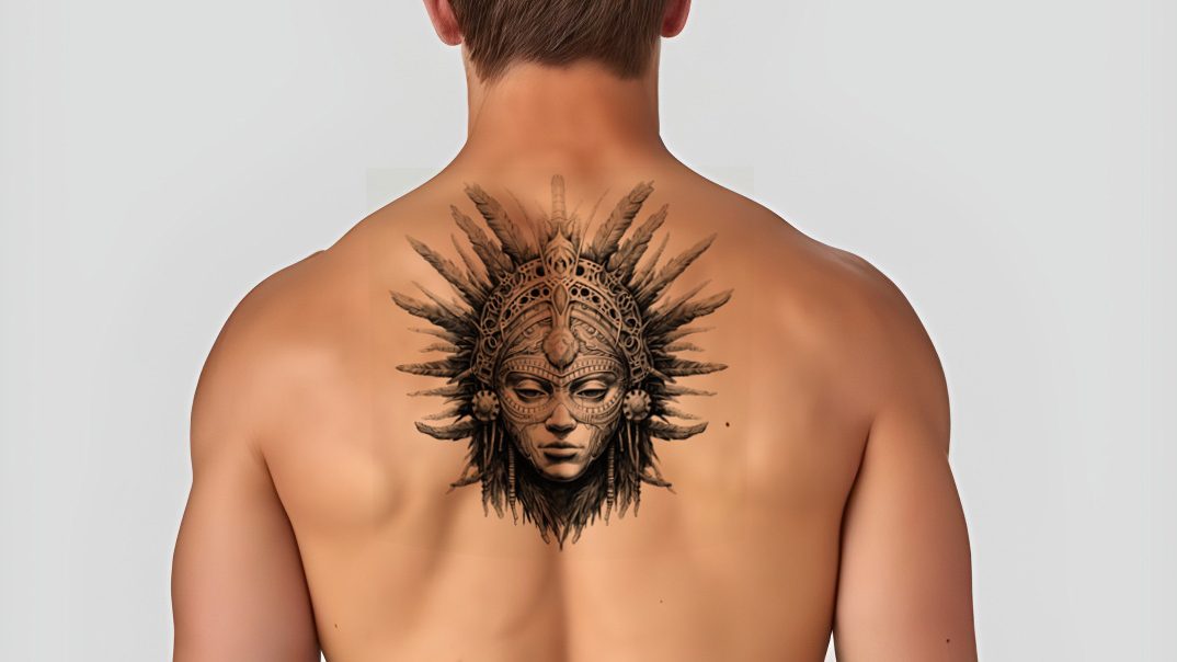 man with shaman tattoo on in back in black & grey