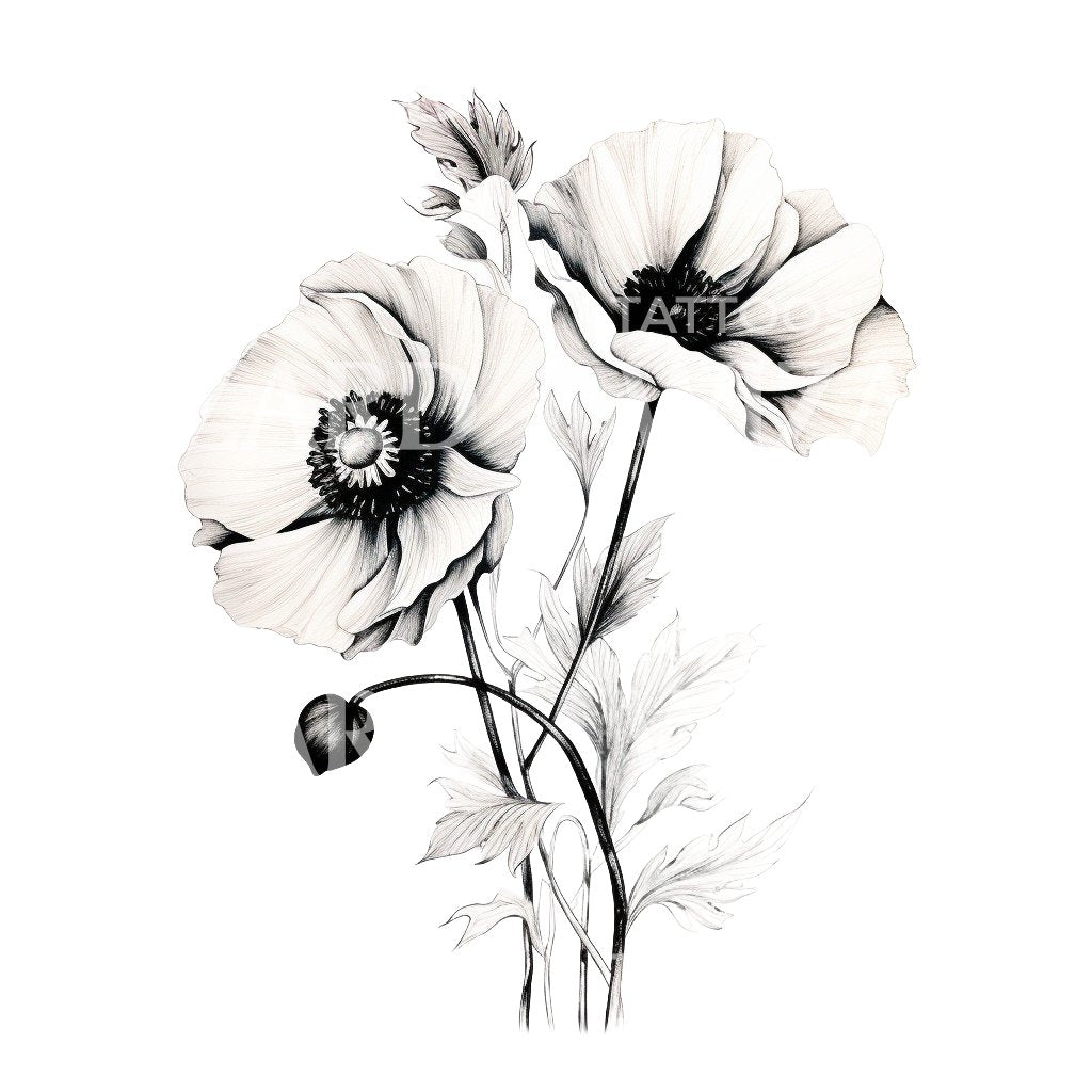 Tattoo uploaded by White Whale Amsterdam • Black and grey fine line poppy  flowers floral piece • Tattoodo