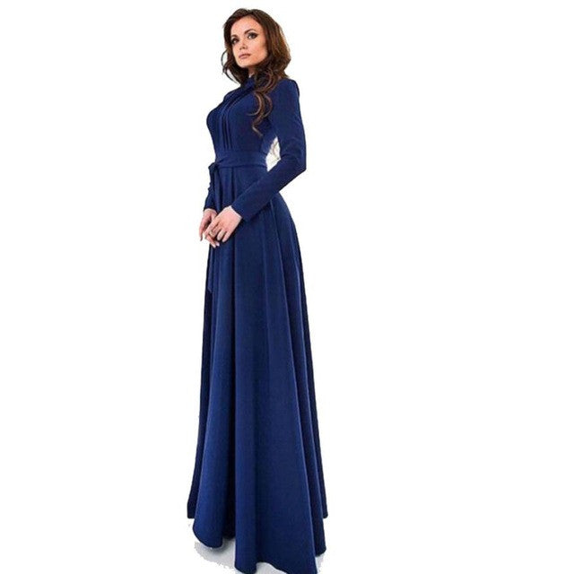 long blue maxi dress with sleeves