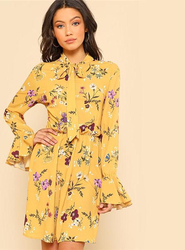 Casual Tie Neck Elastic Waist Floral Dress | waistshaper