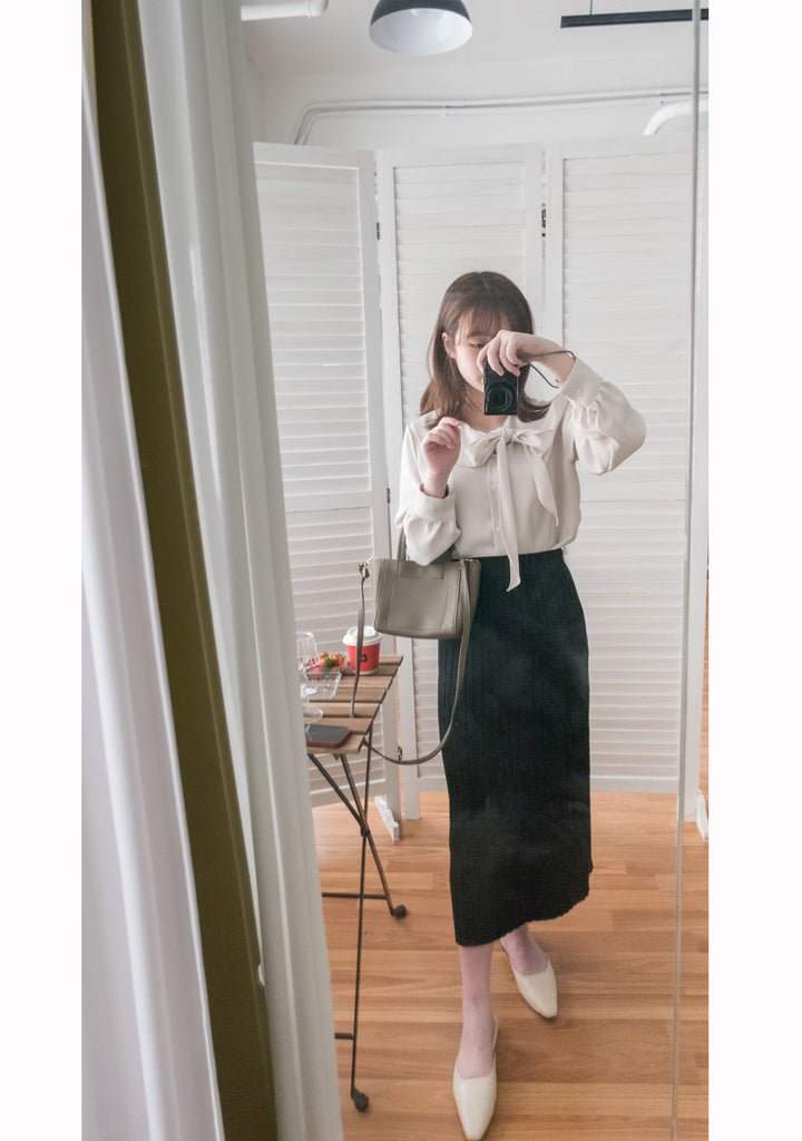 Knit 全彈性直紋後開叉針織裙, Skirt/ SK8667 (pre-order white)