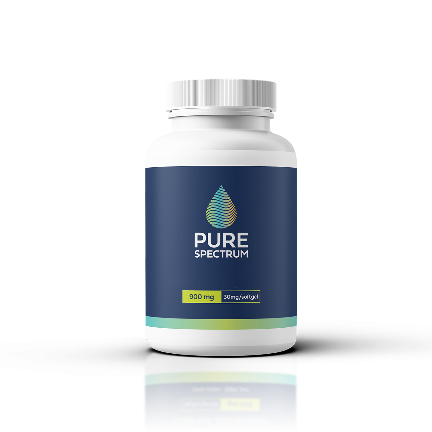 A bottle of Pure Spectrum softgel capsules with 900 mg dosage information.