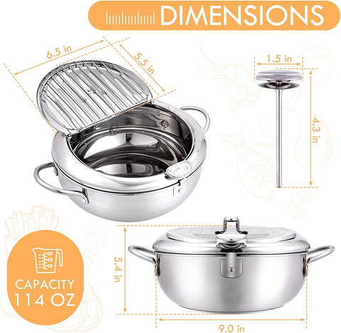 Banggood 24cm Fryer with Thermometer and Lid 2L 304 Stainless Steel Oil Filter Pot for Kitchen