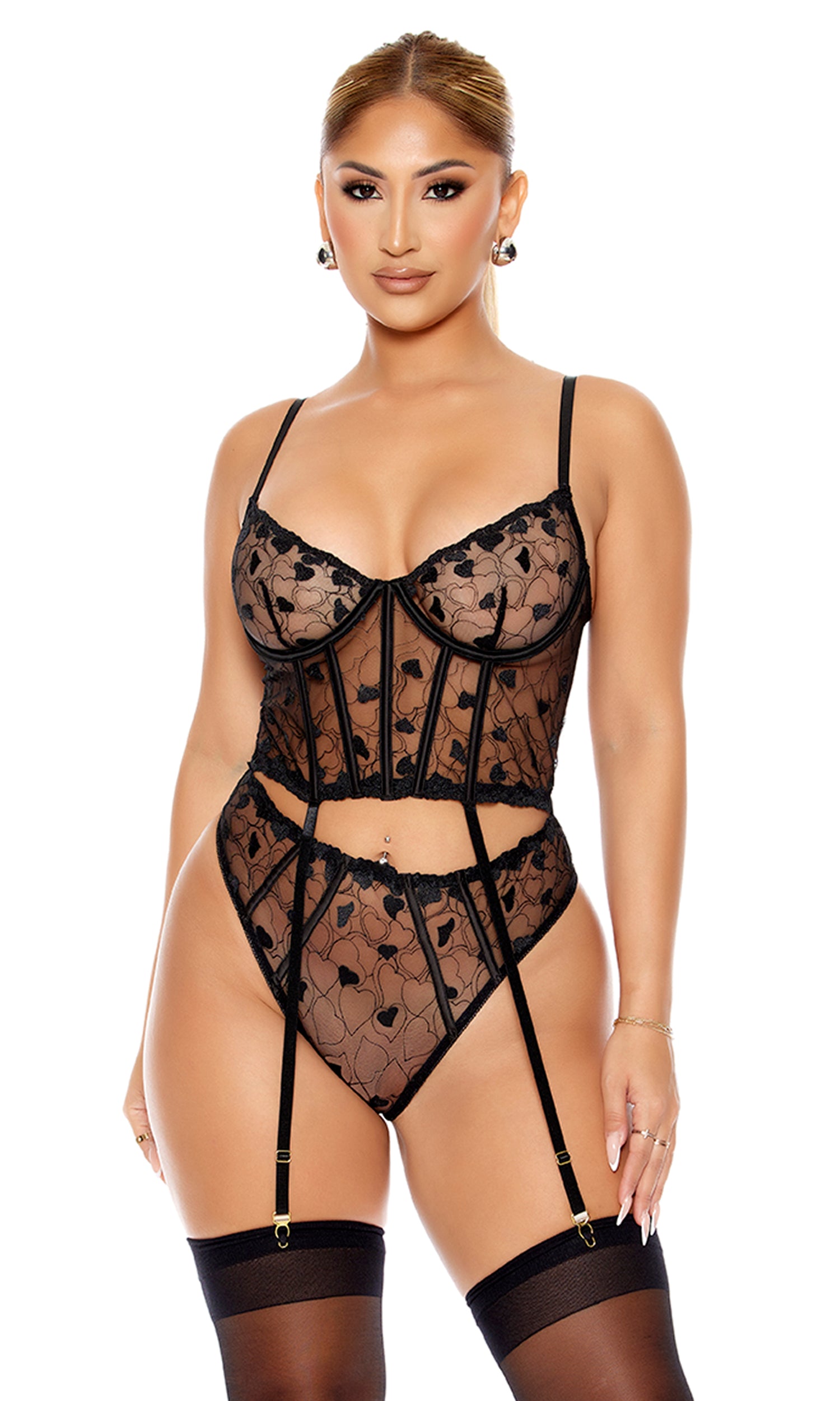 Image of Heart You Embroidered Longline Bra Lingerie Set