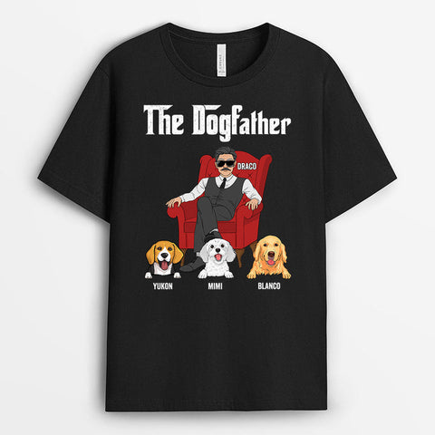 Dog Father Shirt sitting on sofa with 3 dogs below - Birthday Greetings for Dog Lovers